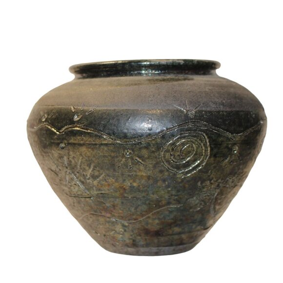 Vtg Studio Art Signed Tribal Pottery Black Southwest 5.5" T x 7" round - Picture 3 of 10